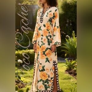 Luxury Yellow Rose Print Cotton Blend Long Bell Sleeves Kaftan Maxi Dress